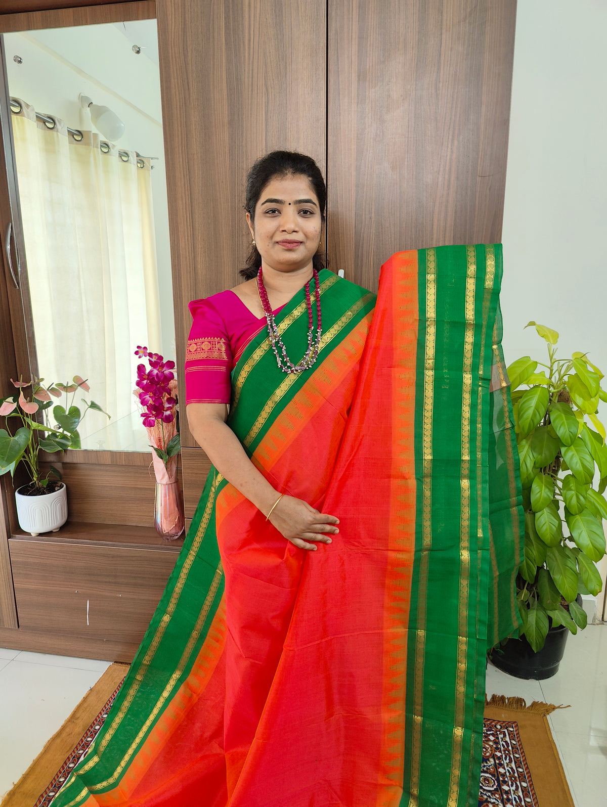 Peachish Pink with Green Pallu Thalampoo Korvai Border Handloom Kanchi Silk Cotton