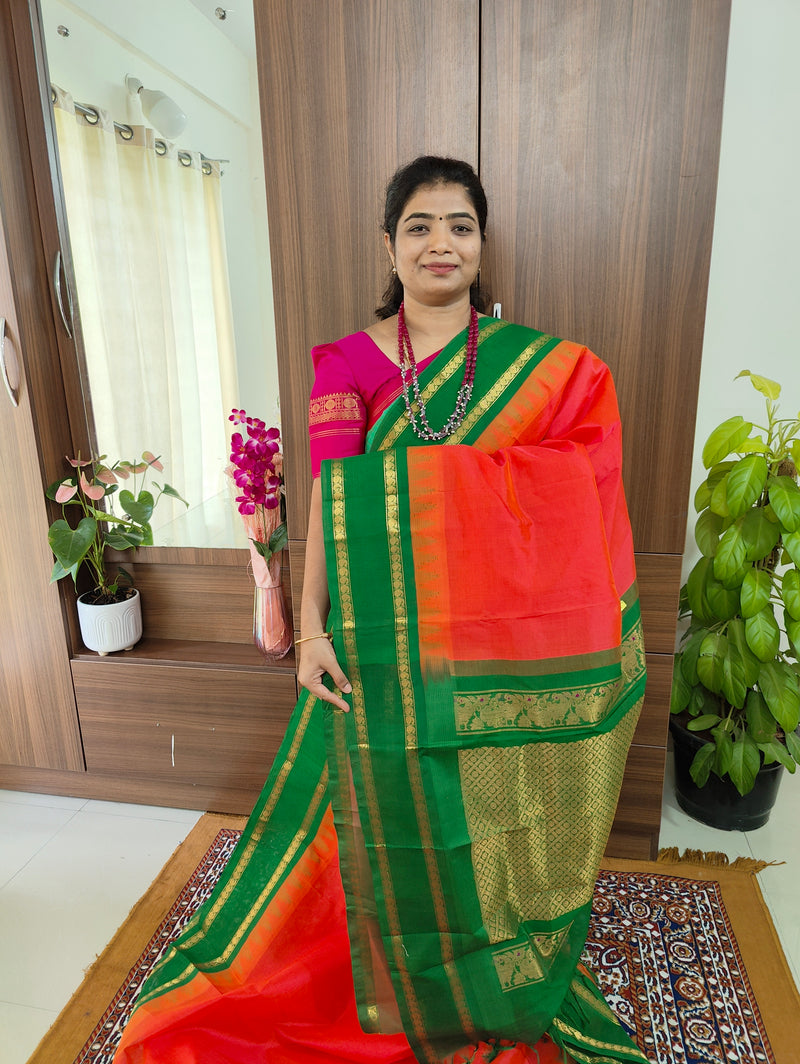 Peachish Pink with Green Pallu Thalampoo Korvai Border Handloom Kanchi Silk Cotton