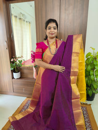 Purple with Lime Yellow Pallu Lakshadeepam Pattern Handloom Kanchi Silk Cotton