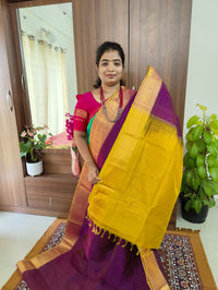 Purple with Lime Yellow Pallu Lakshadeepam Pattern Handloom Kanchi Silk Cotton