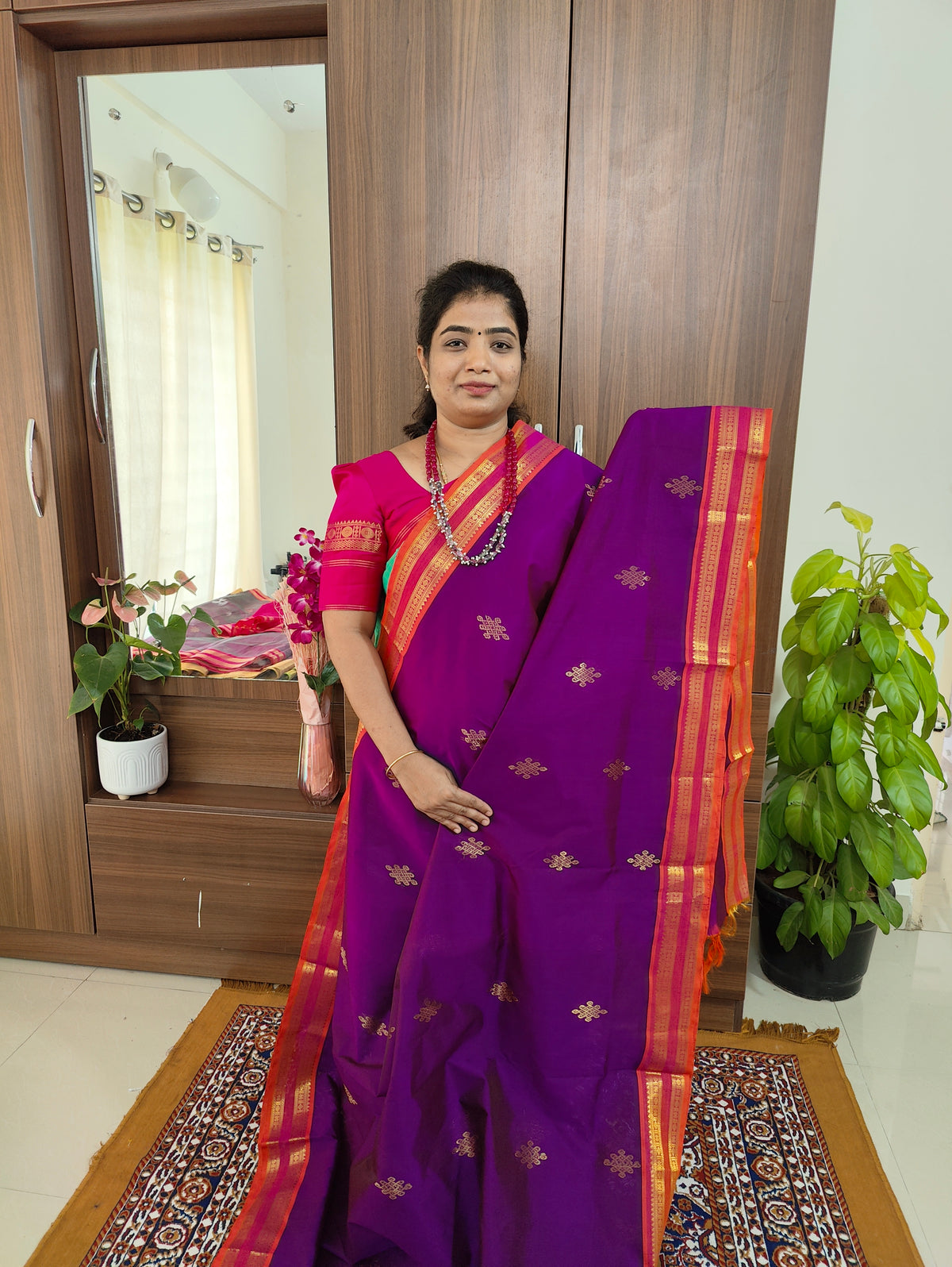 Dark Purple with Orange Pallu Handloom Kanchi Silk Cotton