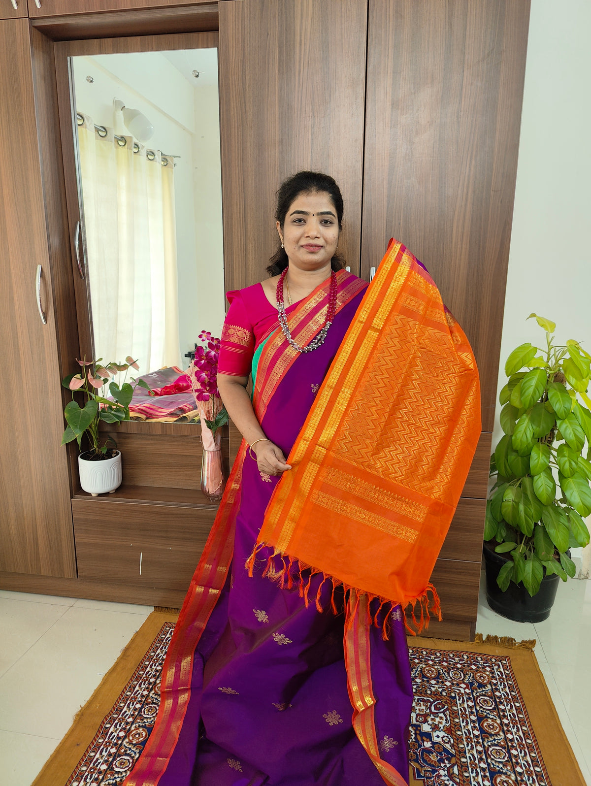 Dark Purple with Orange Pallu Handloom Kanchi Silk Cotton