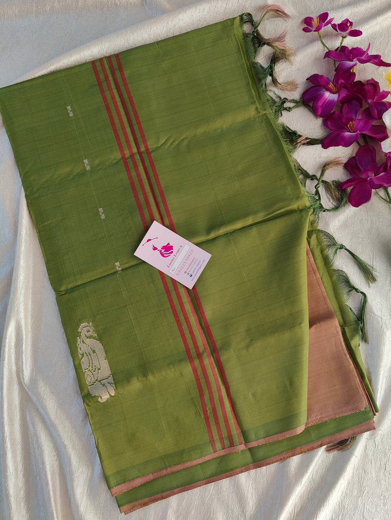 Dark Beige with Green Pallu Handwoven Chinnalampattu Saree