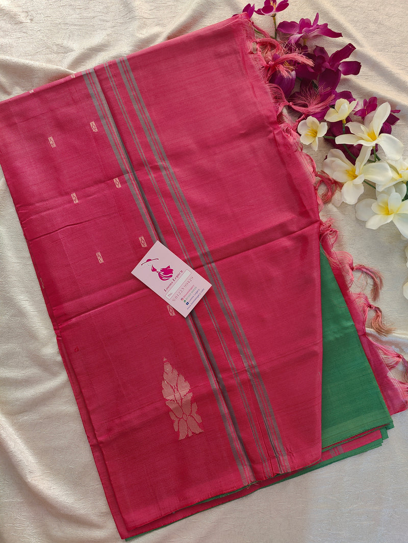 Green with Pink Pallu Handwoven Chinnalampattu Saree