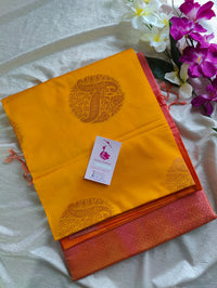 Mango Yellow with Peach Copper Zari Woven Border Semi Soft Silk Saree