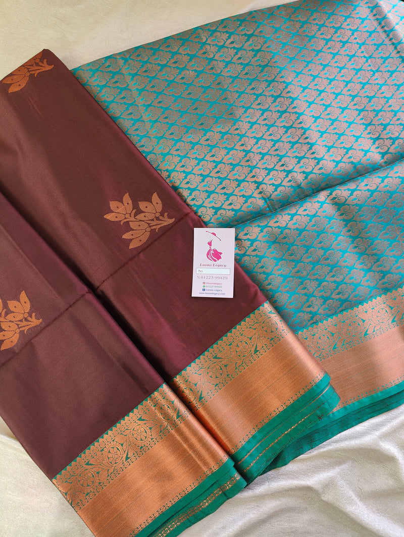 Brown with Sea Green Copper Zari Woven Border Semi Soft Silk Saree