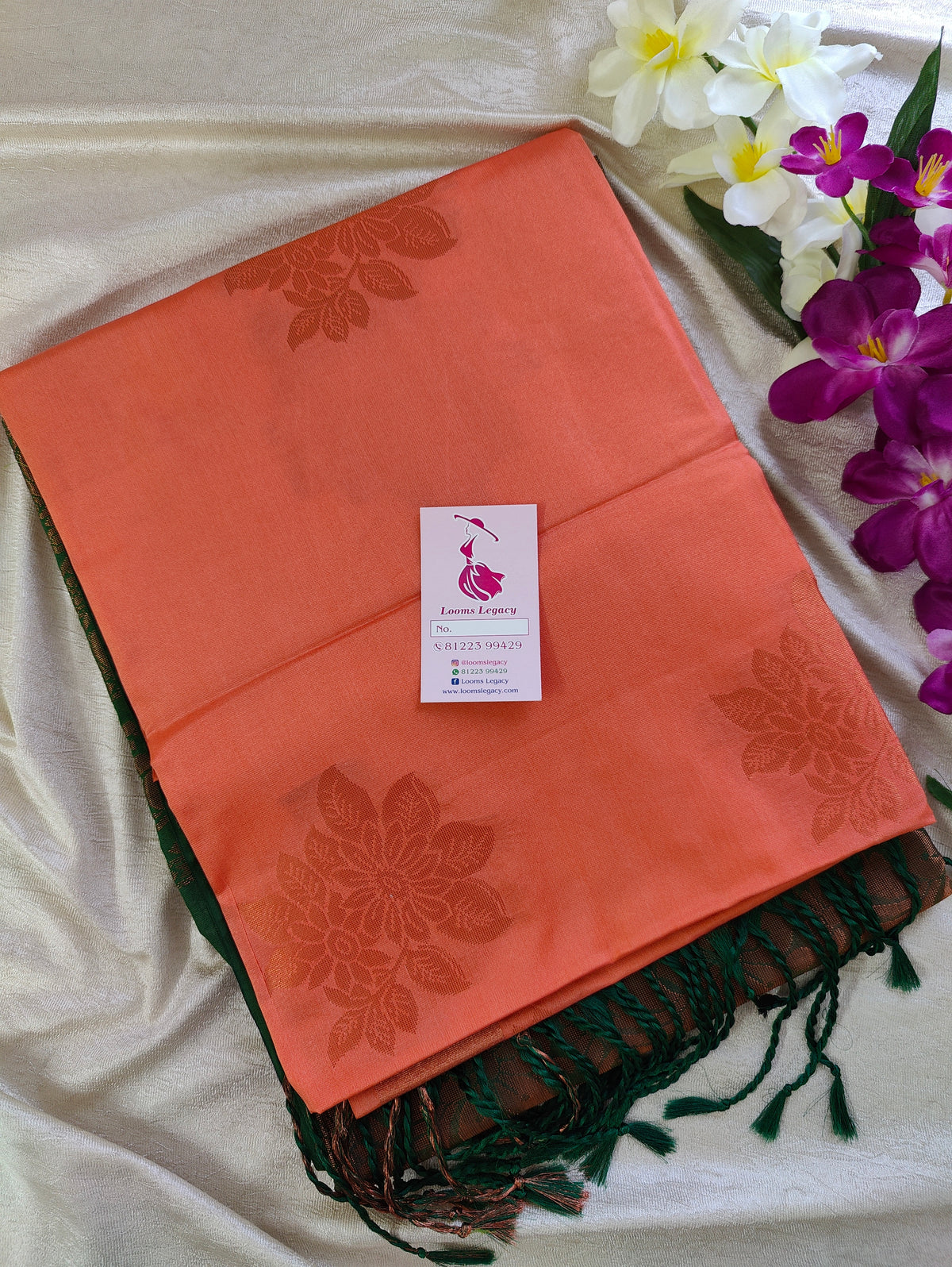 Peach with Bottle Green Copper Zari Woven Border Semi Soft Silk Saree