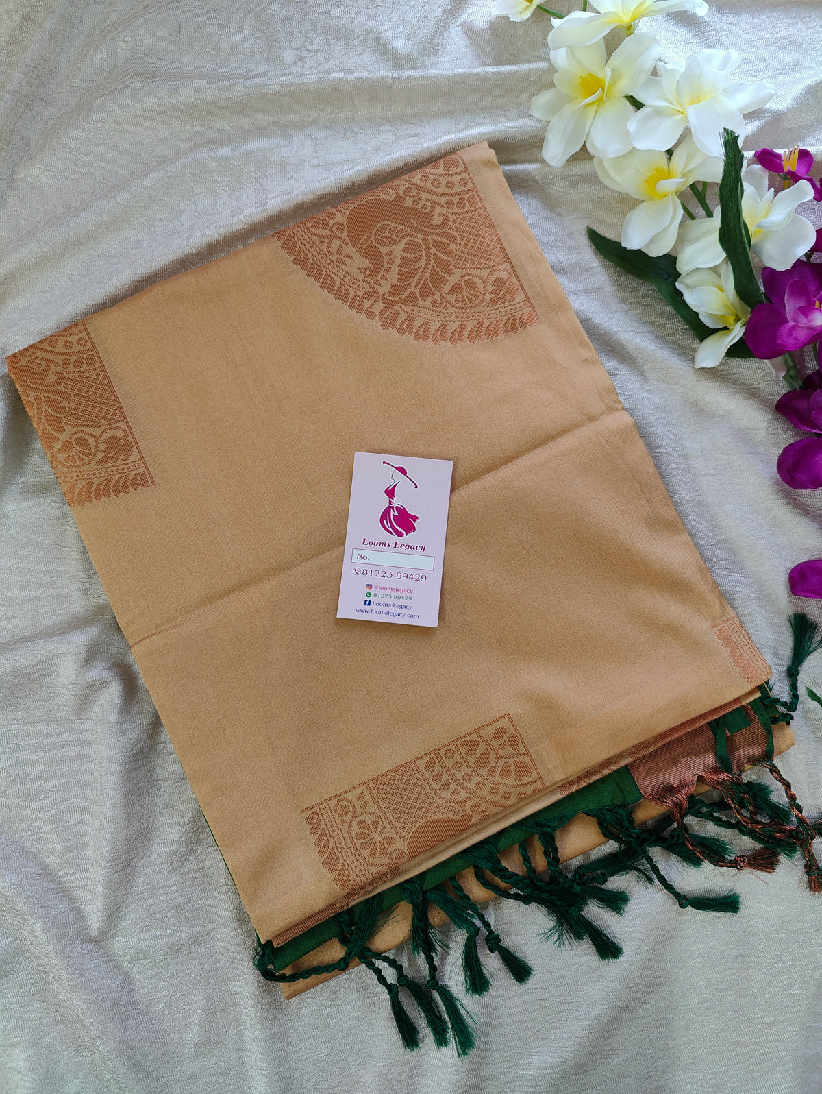 Cream with Bottle Green Copper Zari Woven Border Semi Soft Silk Saree