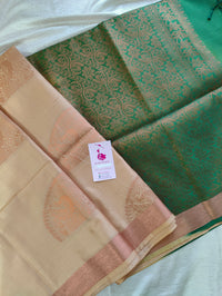 Cream with Bottle Green Copper Zari Woven Border Semi Soft Silk Saree