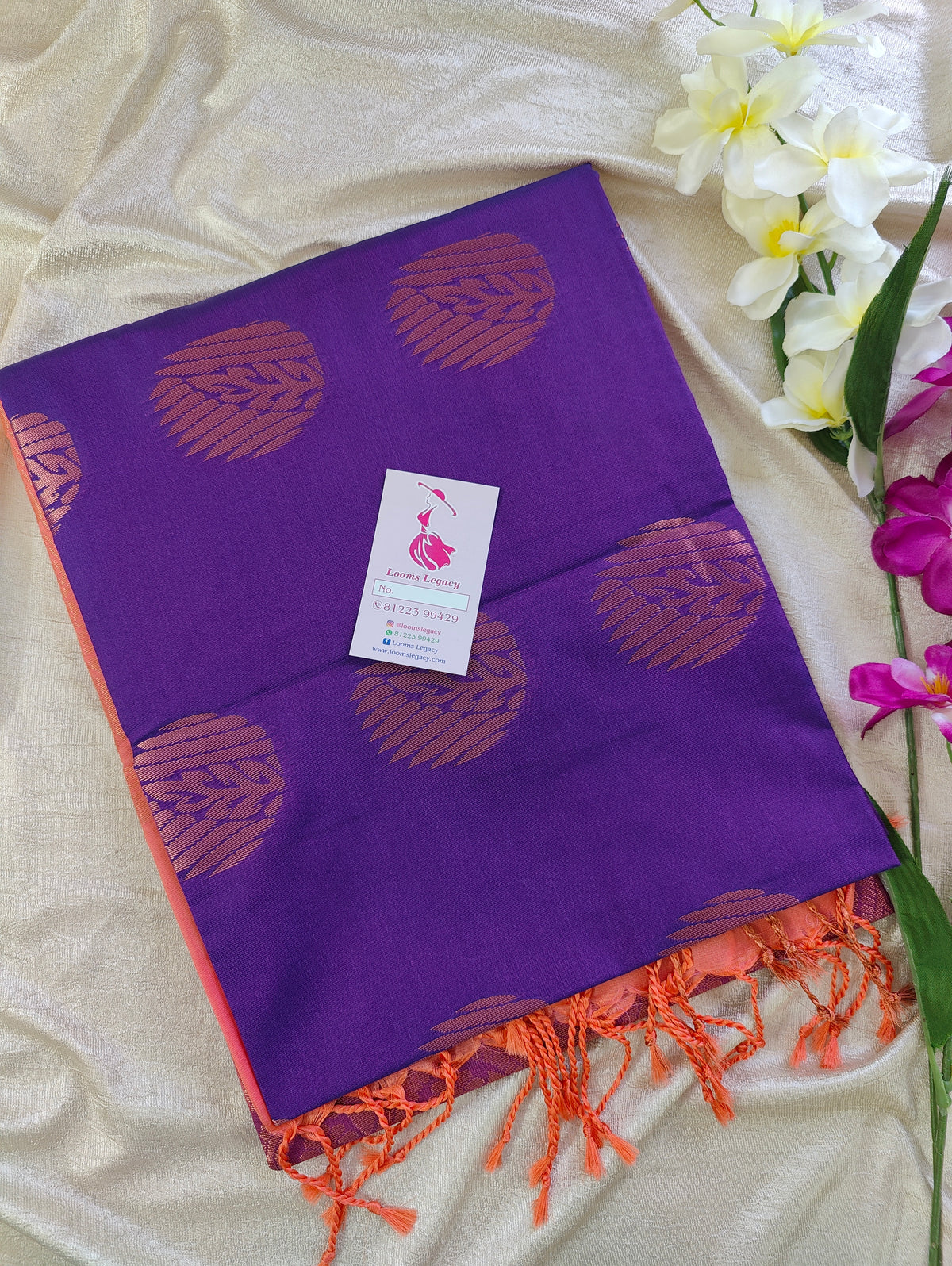 Dark Purple with Peach Copper Zari Woven Border Semi Soft Silk Saree