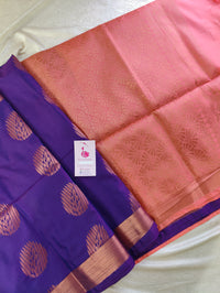 Dark Purple with Peach Copper Zari Woven Border Semi Soft Silk Saree