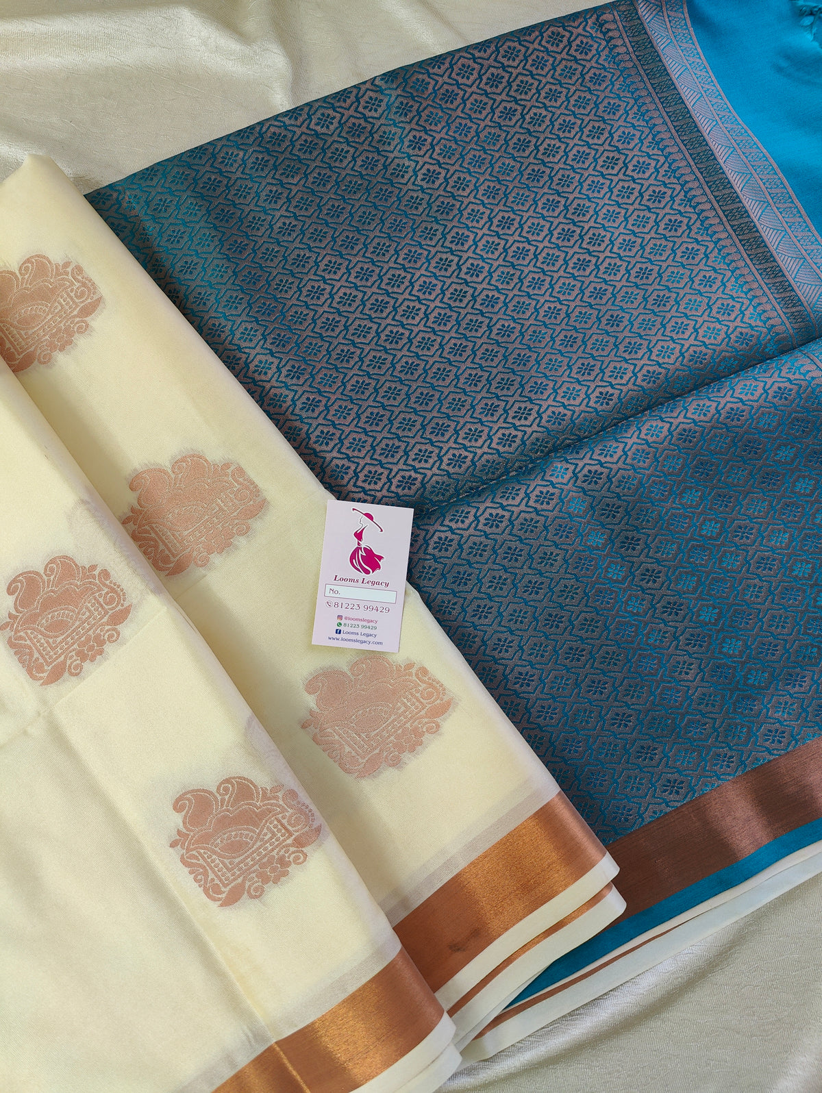 Cream with Sea Blue  Copper Zari Woven Border Semi Soft Silk Saree