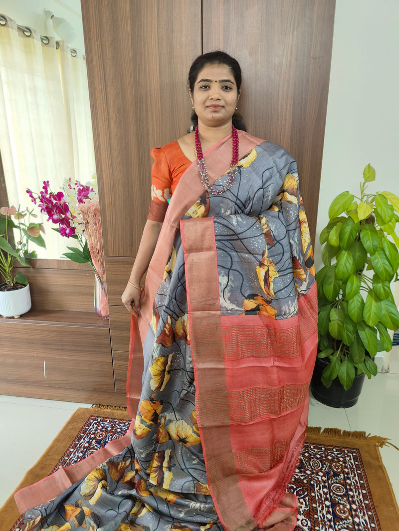 Grey with Peach Floral Print Pure Handwoven Tussar Silk Saree with Zari Border