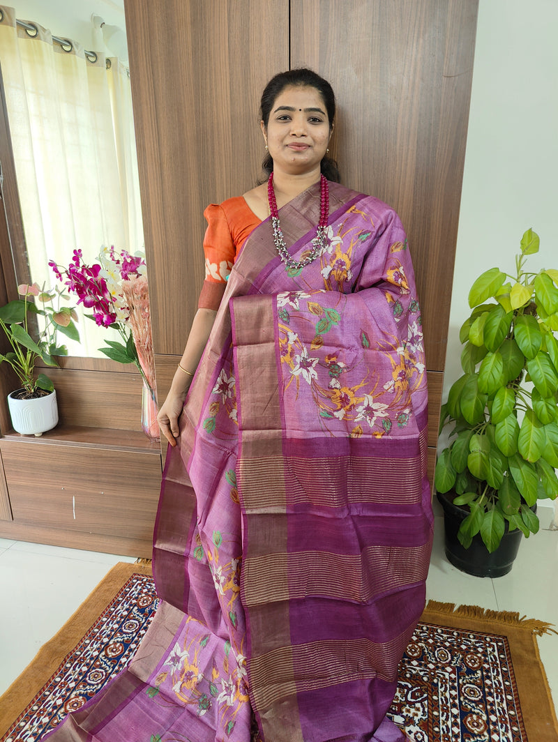 Lavender with Dark Purple Floral Print Pure Handwoven Tussar Silk Saree with Zari Border