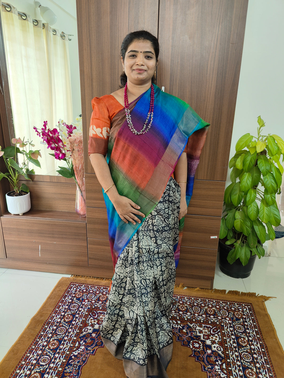 Half and Half Pattern Kalamakari Body and Blouse with Multi Colour Pallu Pure Handwoven Tussar Silk Saree with Zari Border