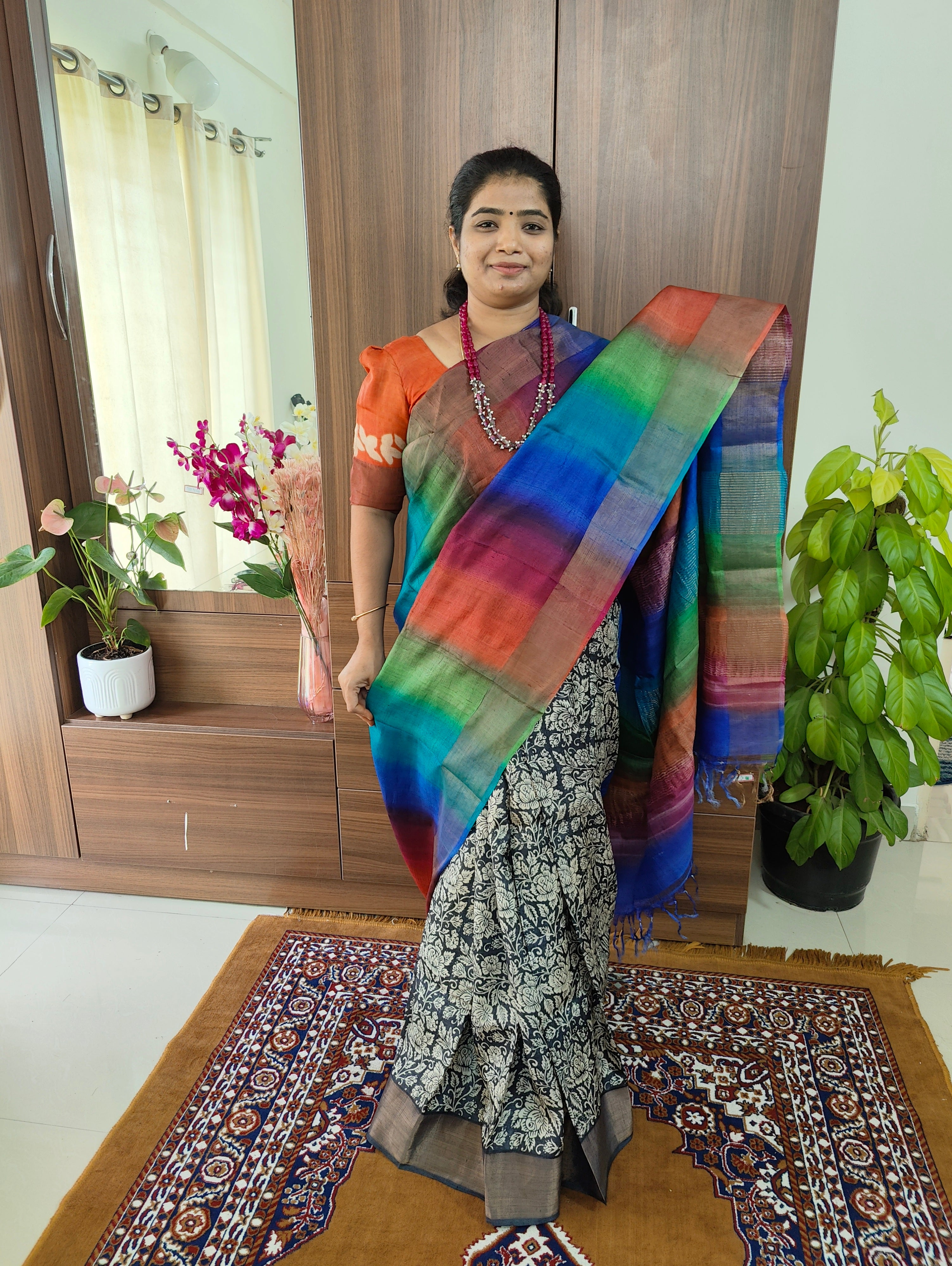 Checked Printed Multi Color Silk Material Saree With Green Color Blouse