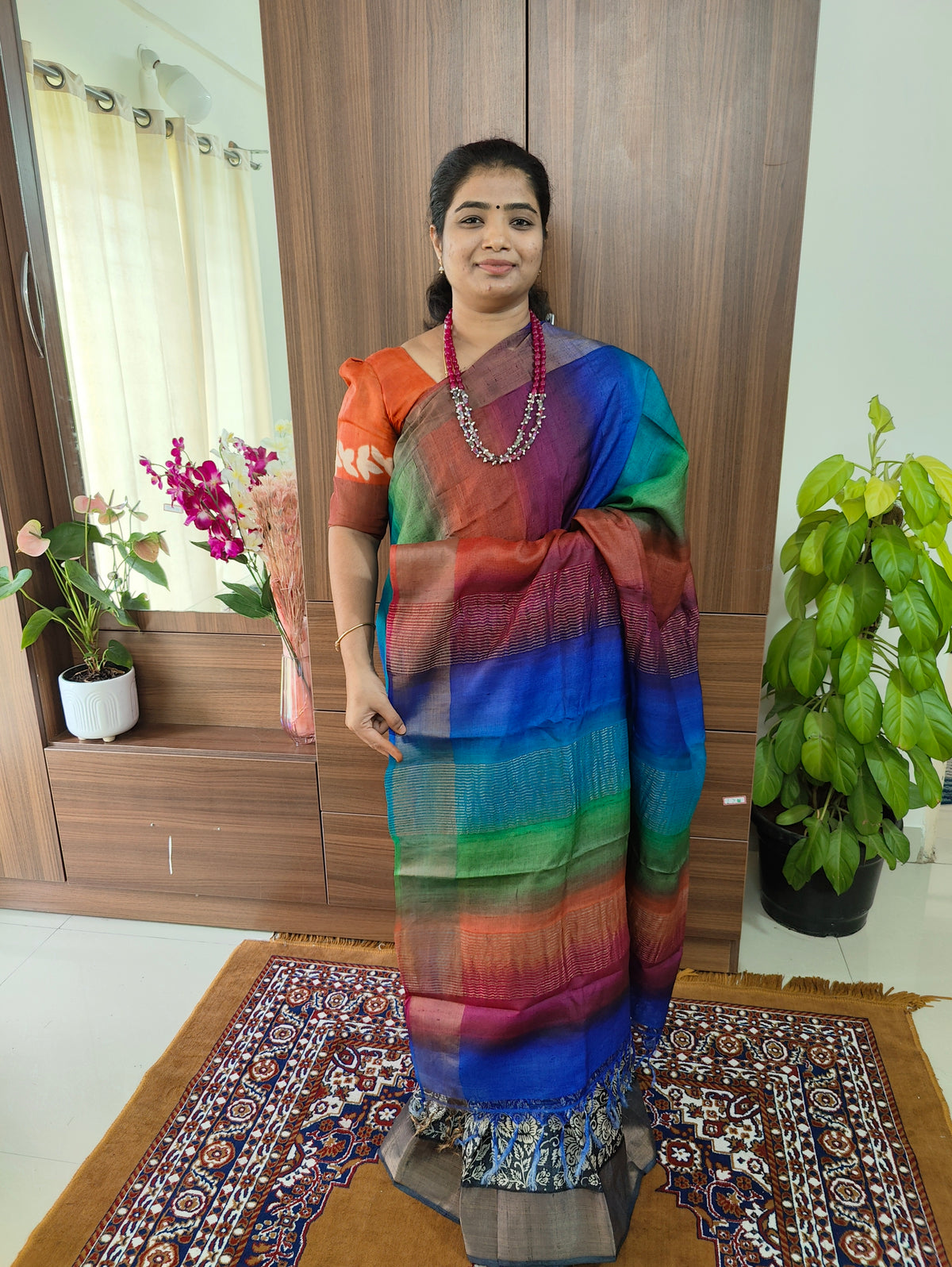 Half and Half Pattern Kalamakari Body and Blouse with Multi Colour Pallu Pure Handwoven Tussar Silk Saree with Zari Border