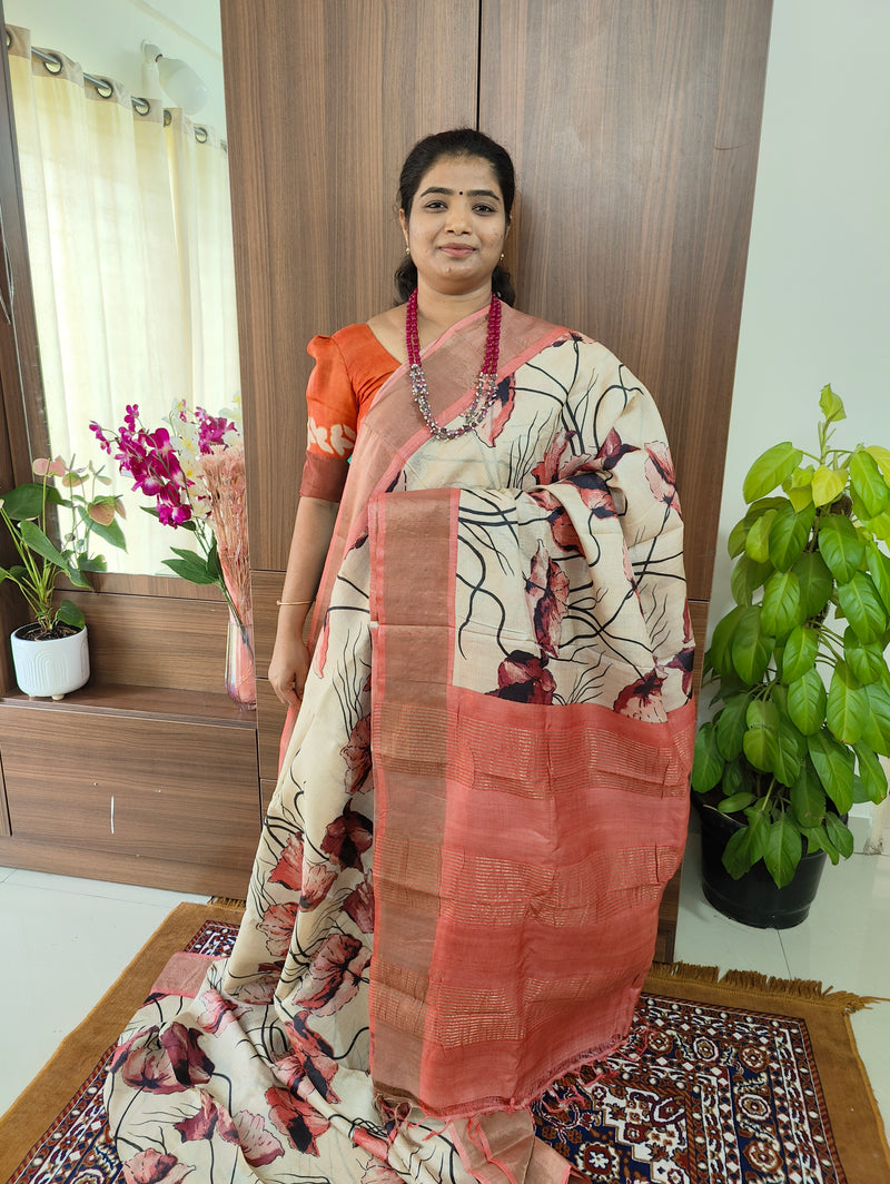 Cream with Peach Floral Print Pure Handwoven Tussar Silk Saree with Zari Border