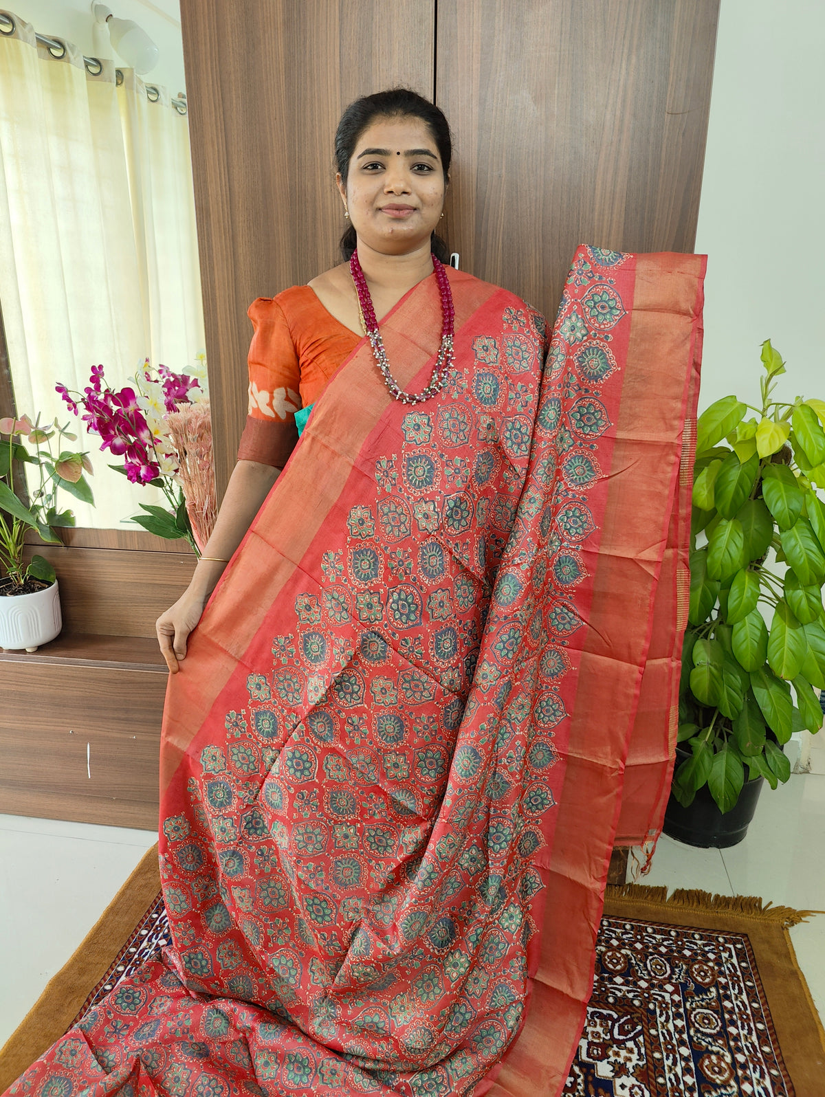 Peachish Pink Floral Block Prints Pure Handwoven Tussar Silk Saree with Zari Border