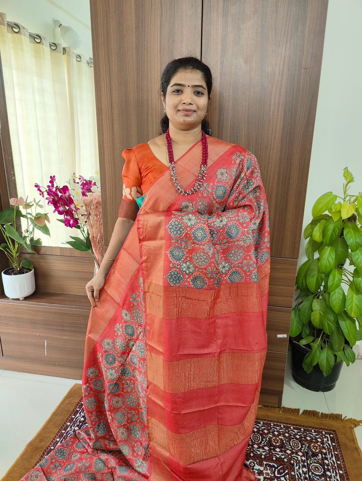 Peachish Pink Floral Block Prints Pure Handwoven Tussar Silk Saree with Zari Border