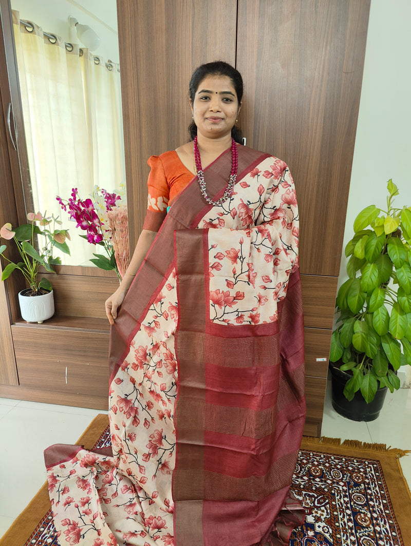 Cream with Maroon Floral Print Pure Handwoven Tussar Silk Saree with Zari Border