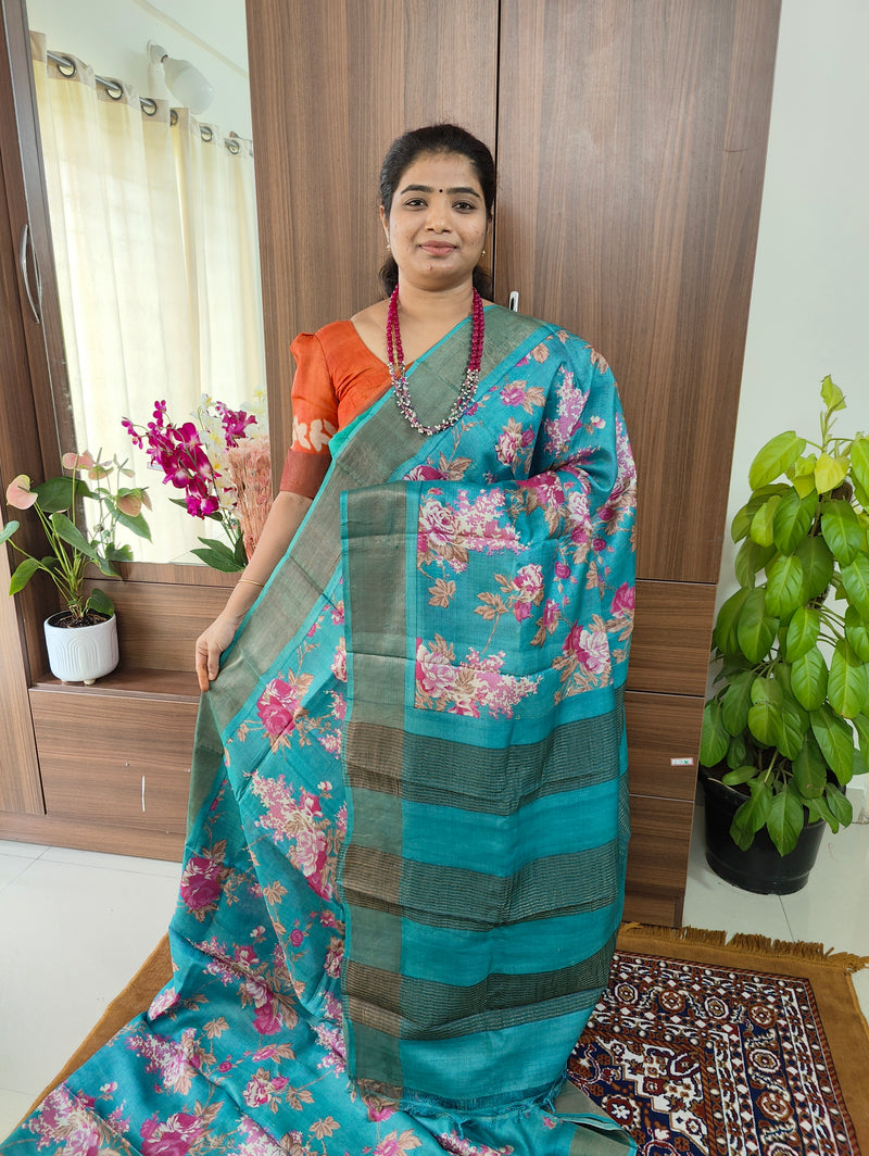 Monochrome Blue Floral Print Pure Handwoven Tussar Silk Saree with Zari Border