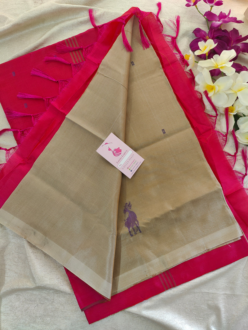 Sandal with Pink Pallu Handwoven Chinnalampattu Saree