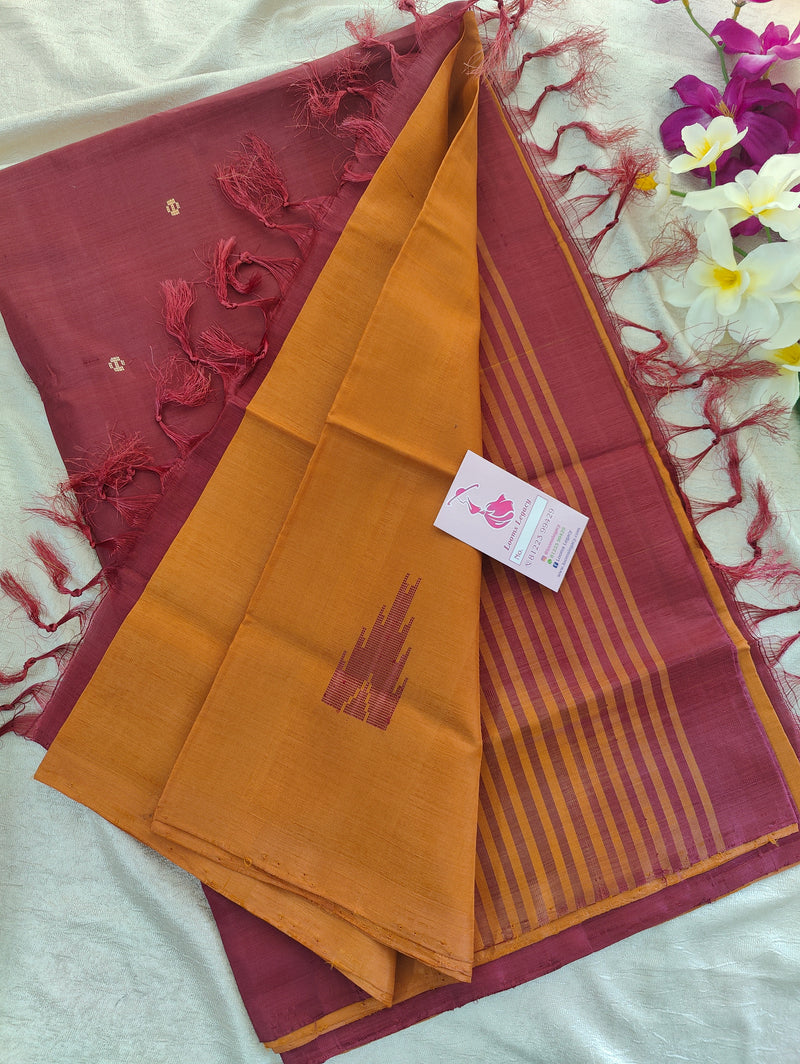 Mustard Brown Shade with Maroon Pallu Handwoven Chinnalampattu Saree