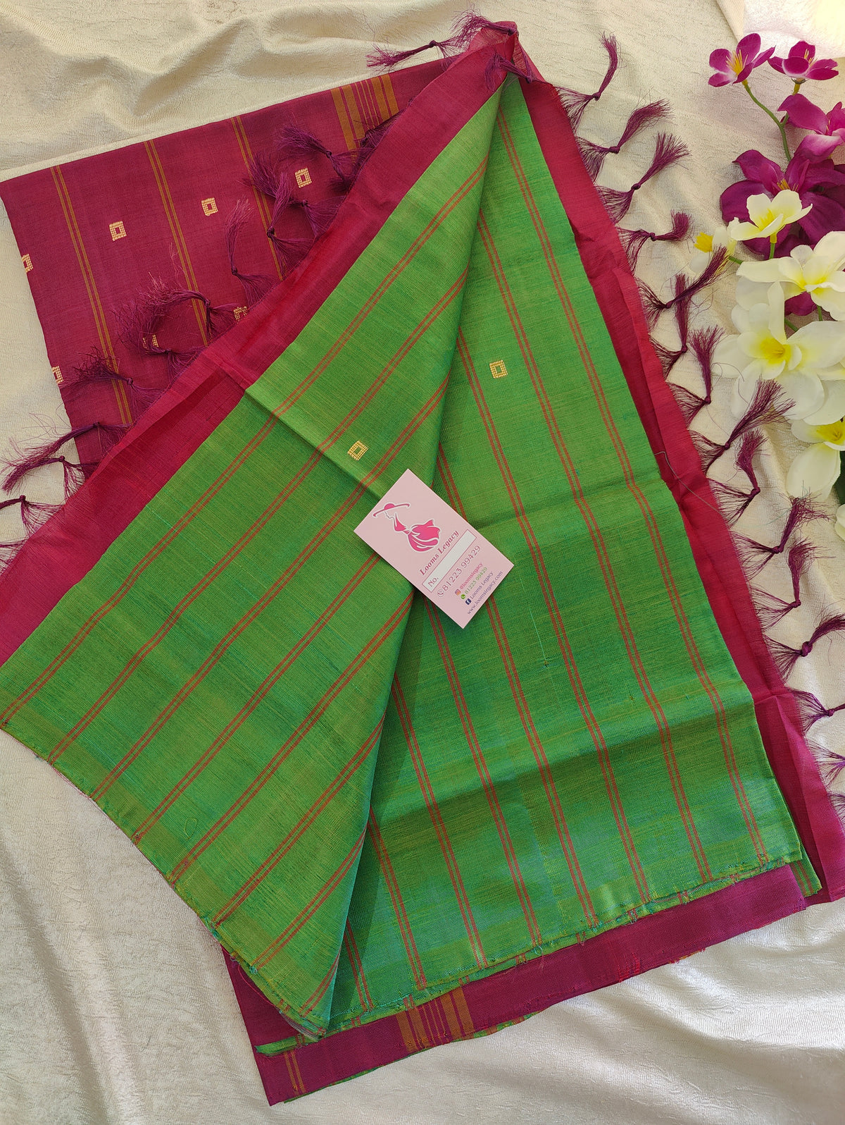 Green Stripes with Magenta Pallu Handwoven Chinnalampattu Saree