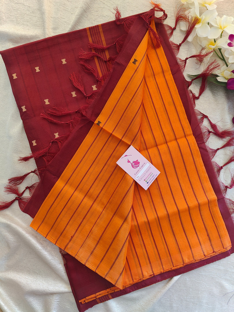 Yellowish Orange Stripes with Maroon Pallu Handwoven Chinnalampattu Saree