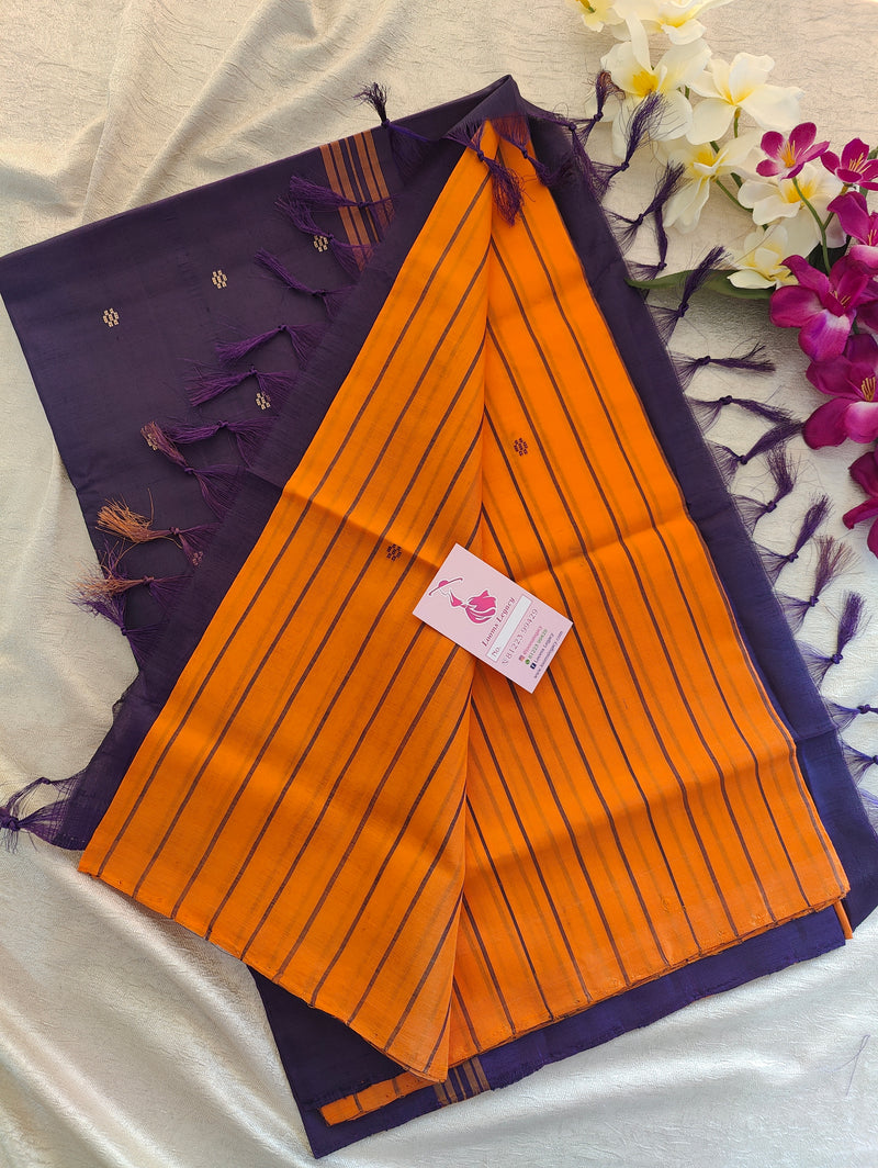 Orange Stripes with Dark Purple Pallu Handwoven Chinnalampattu Saree