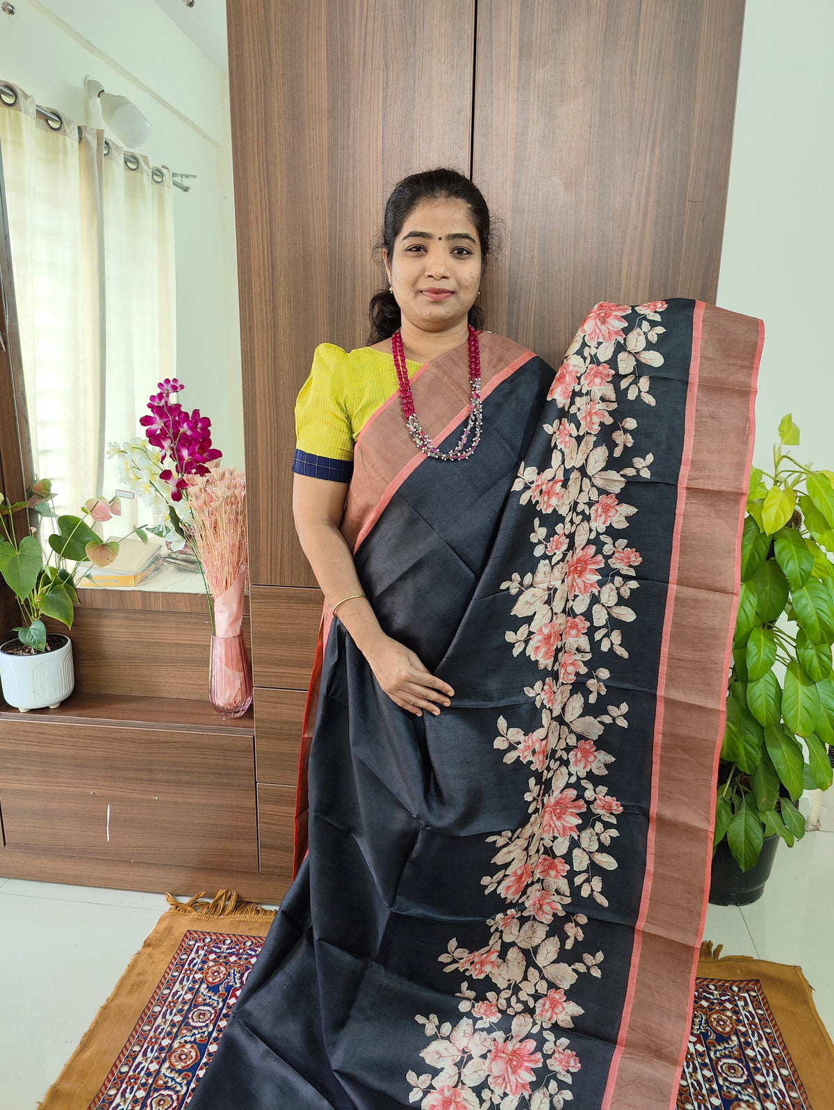 Black with Peach Floral Pattern Handwoven Tussar Silk Saree with Zari Border