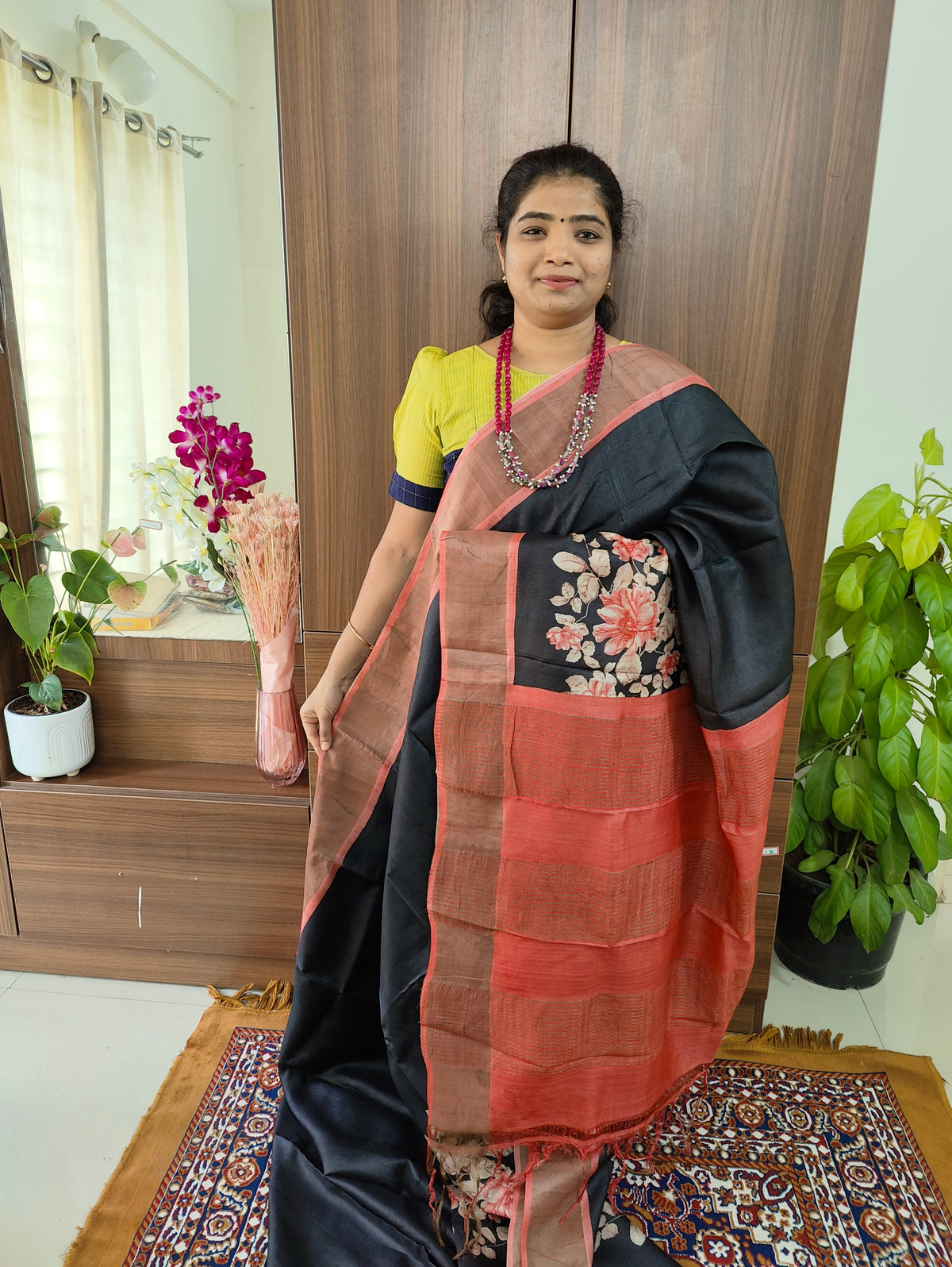 Black with Peach Floral Pattern Handwoven Tussar Silk Saree with Zari Border