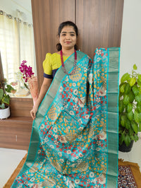 Monochrome Blue Shade Floral & Peacock Pattern Handwoven Tussar Silk Saree with Zari Border