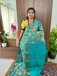 Monochrome Blue Shade Floral & Peacock Pattern Handwoven Tussar Silk Saree with Zari Border