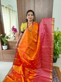 Classical Kanjivaram Pattern Pure Handloom Soft Silk Saree - Dual Shade Yellow cum Pink (Orange Shade ) with Pink