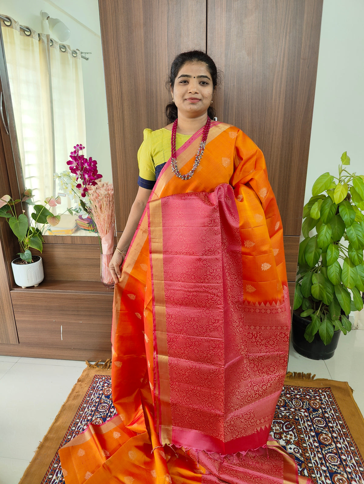 Classical Kanjivaram Pattern Pure Handloom Soft Silk Saree - Dual Shade Yellow cum Pink (Orange Shade ) with Pink