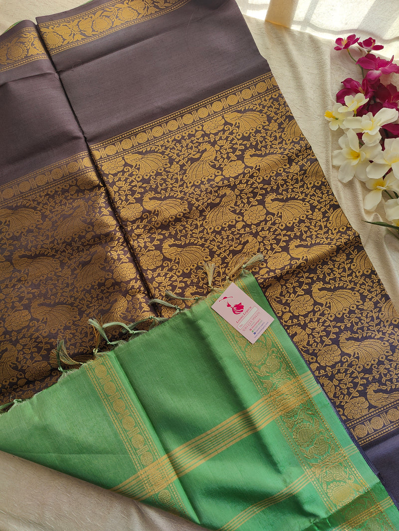 Brown with Green Vanasingaram Pattern Chinnalampattu Border Saree