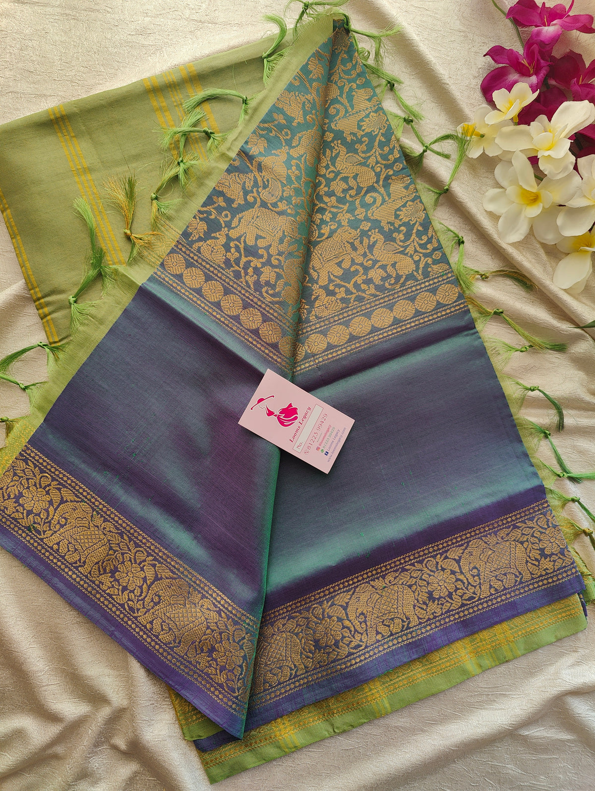 Dual Shade Green cum Blue with Green Vanasingram Pattern Chinnalampattu Border Saree