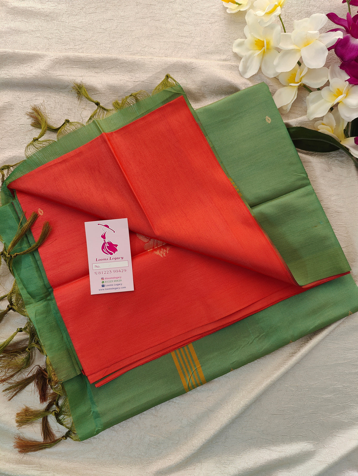 Dark Peach with Green Pallu Handwoven Chinnalampattu Saree