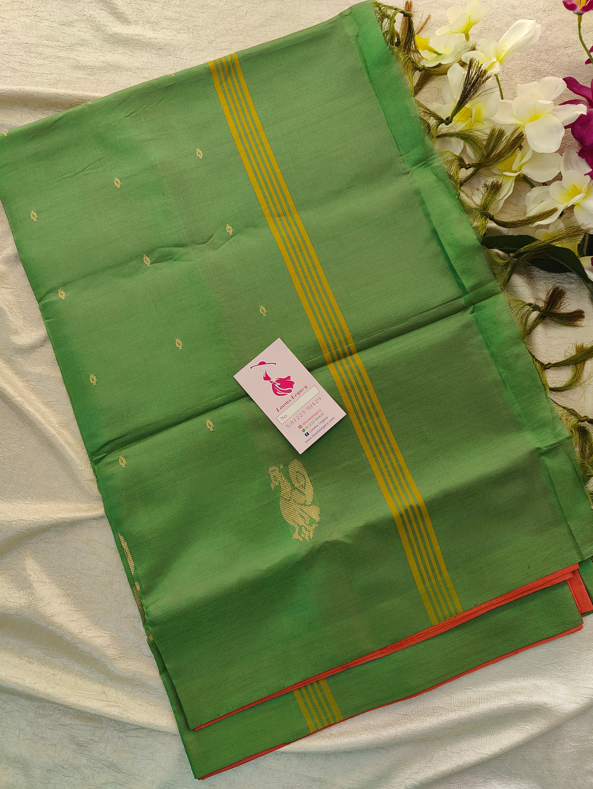 Dark Peach with Green Pallu Handwoven Chinnalampattu Saree