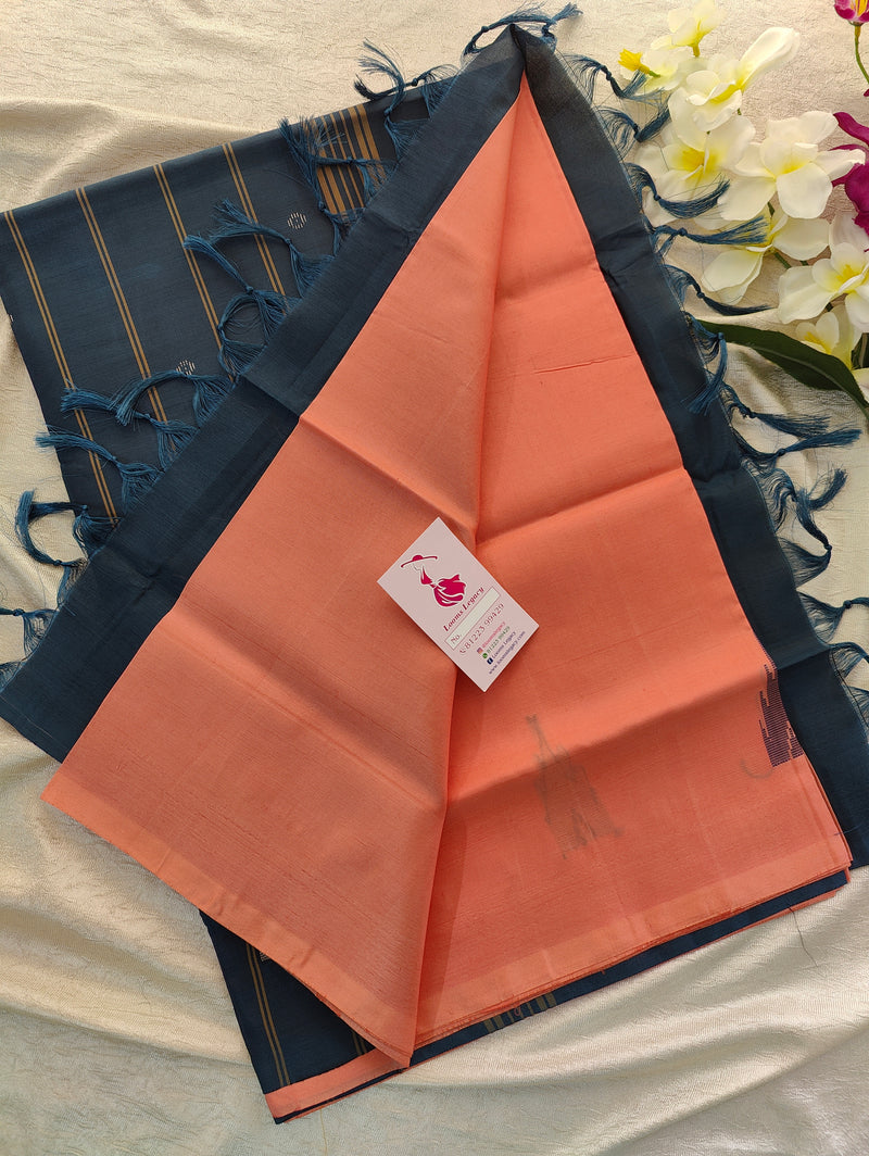 Peach with Peacock BluenPallu Handwoven Chinnalampattu Saree