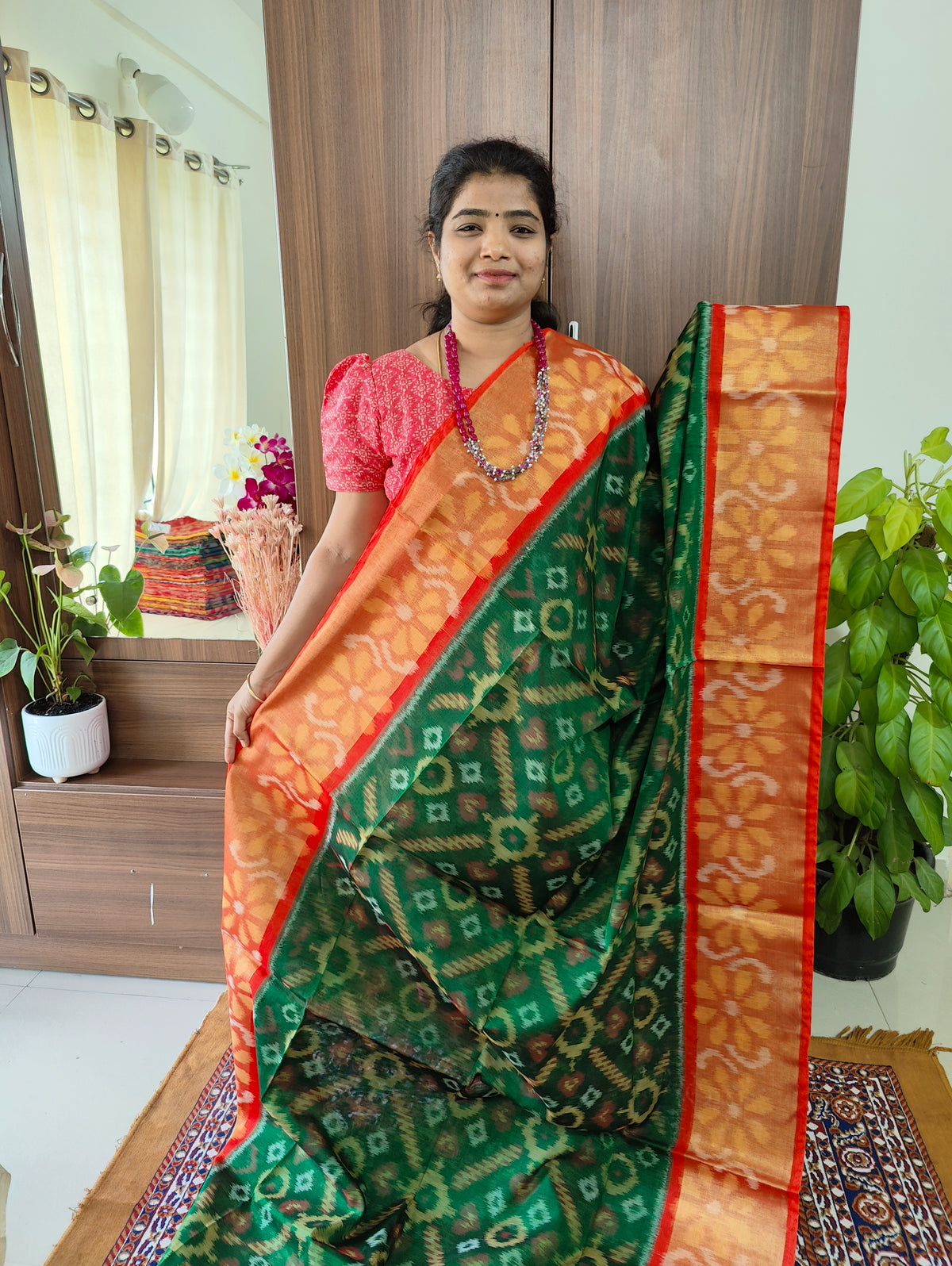 Bottle Green with Orange Pallu Pochampally Ikkat Silk Cotton (SICO Pattu)