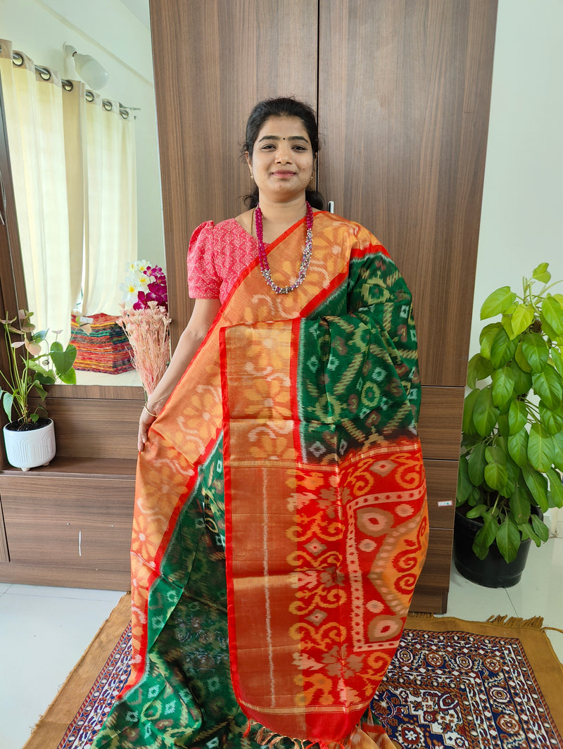 Bottle Green with Orange Pallu Pochampally Ikkat Silk Cotton (SICO Pattu)