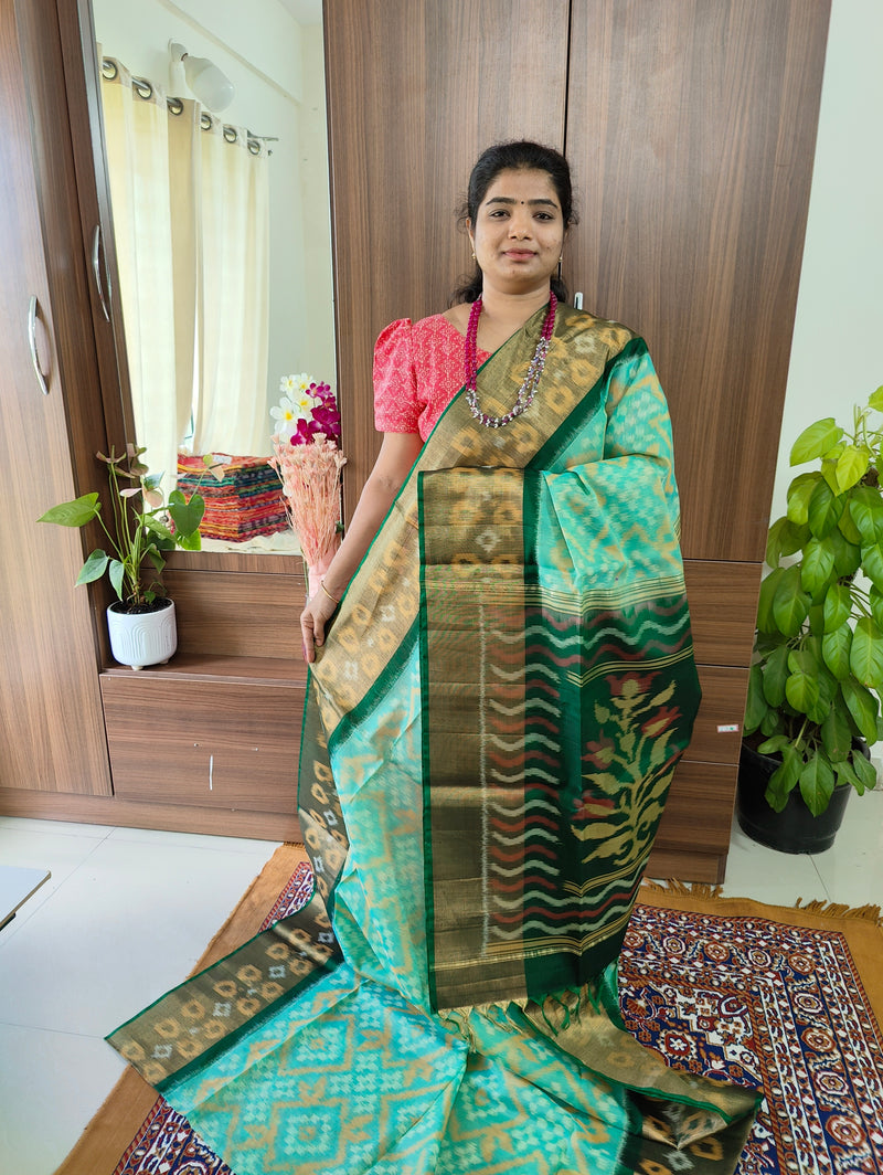 Sea Green with Bottle Green Pallu Pochampally Ikkat Silk Cotton (SICO Pattu)