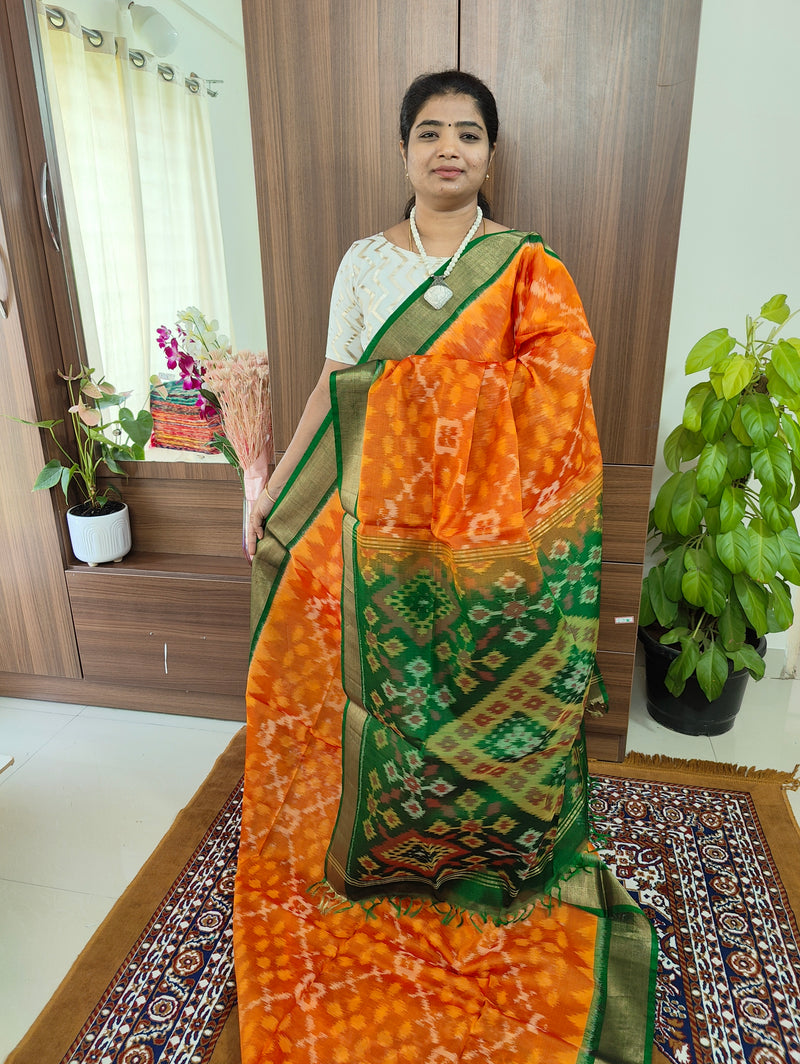 Orange with Green Pochampally Ikkat Silk Cotton (SICO Pattu)