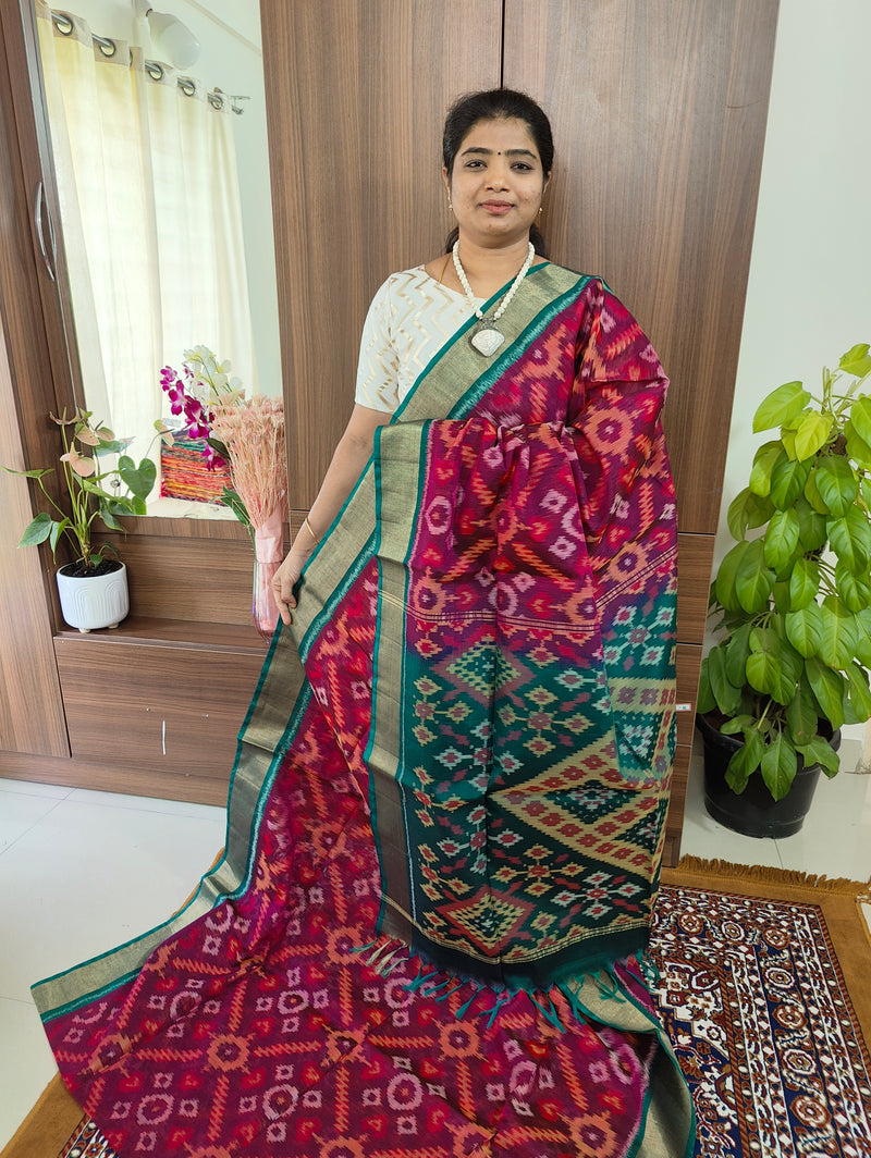 Dark Purple with Peacock Green Pochampally Ikkat Silk Cotton (SICO Pattu)