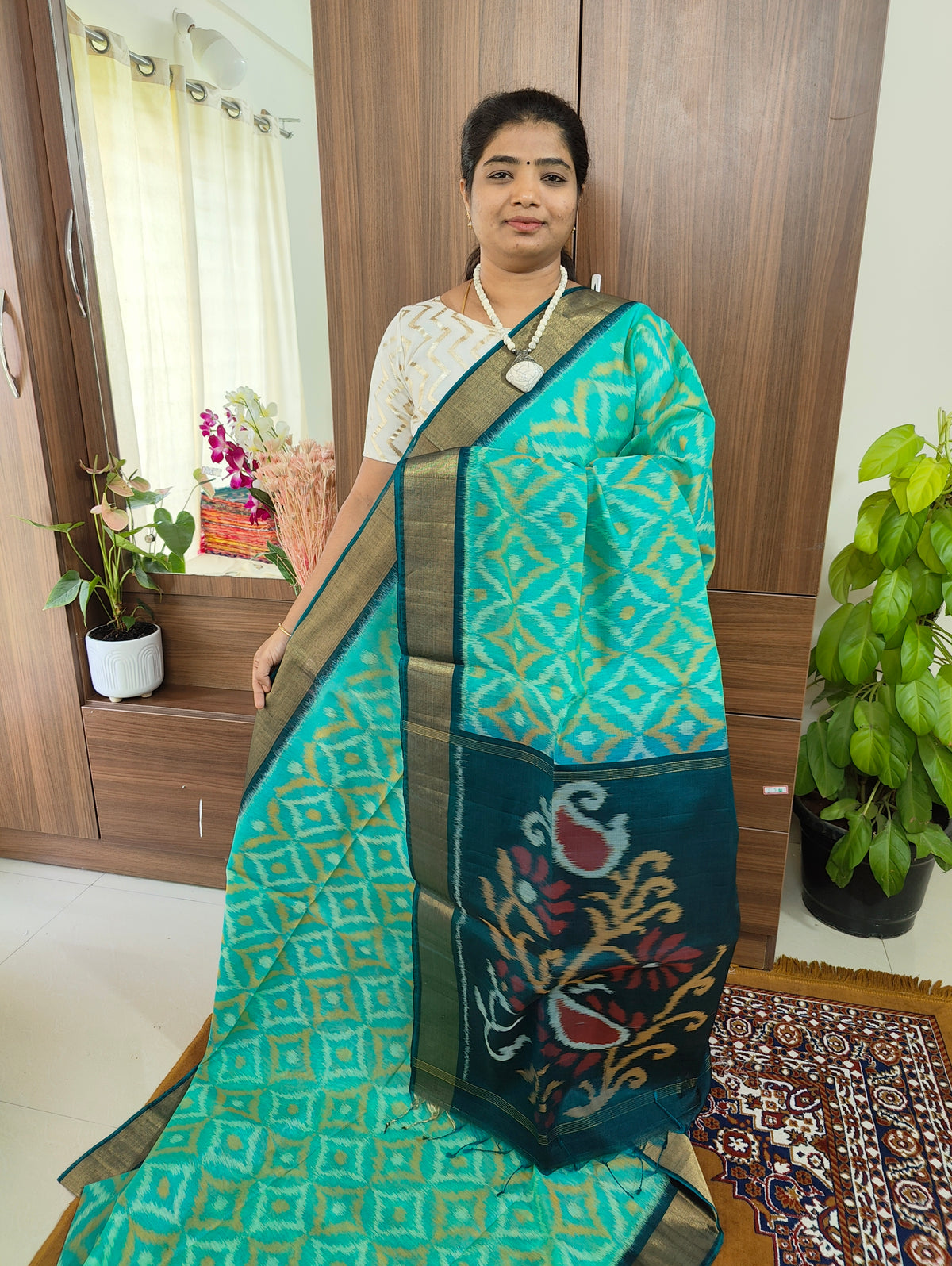 Sea Green with Peacock Green Pochampally Ikkat Silk Cotton (SICO Pattu)