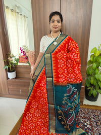 Reddish Orange with Peacock Green Pochampally Ikkat Silk Cotton (SICO Pattu)