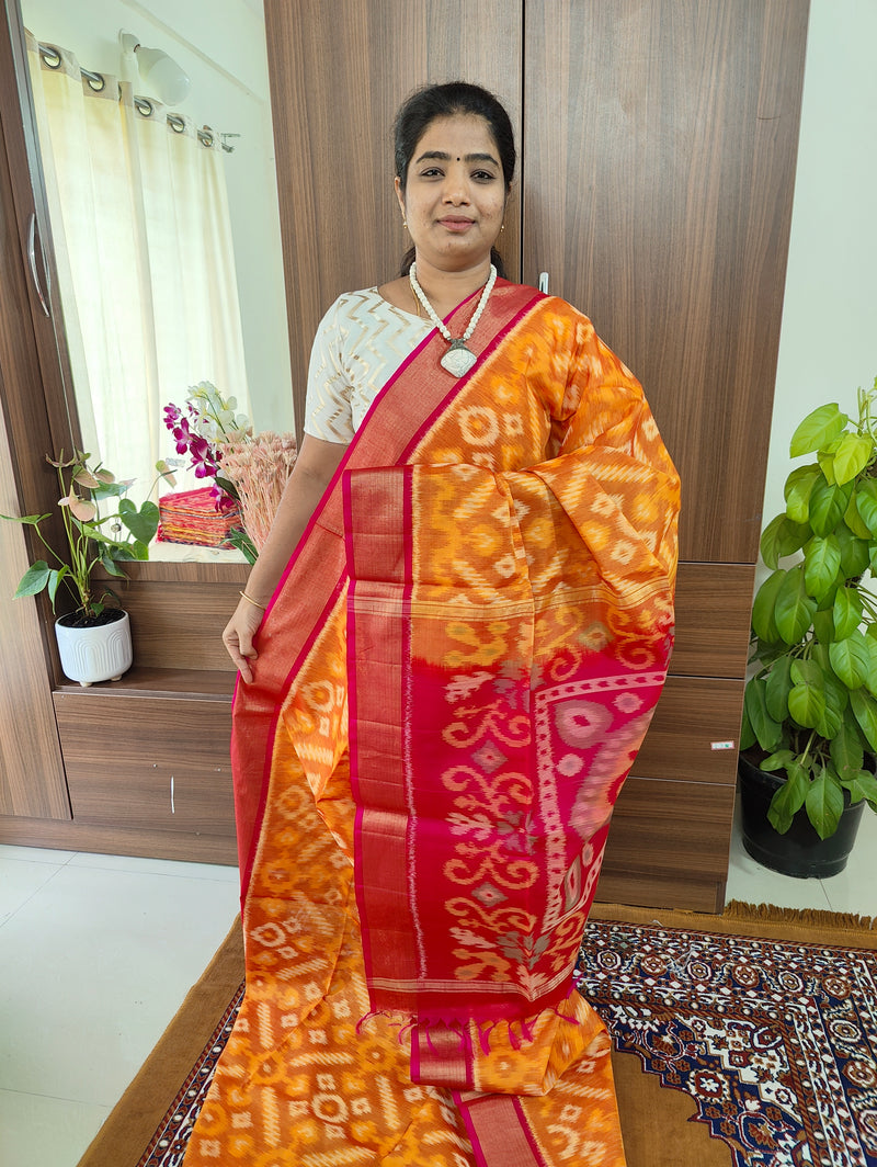 Yellowish Orange with Pink Pochampally Ikkat Silk Cotton (SICO Pattu)